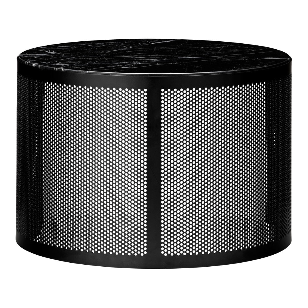 Black metal side table with a sleek circular shape and perforated pattern, topped with a glossy black marble surface.