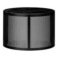 Black metal side table with a sleek circular shape and perforated pattern, topped with a glossy black marble surface.