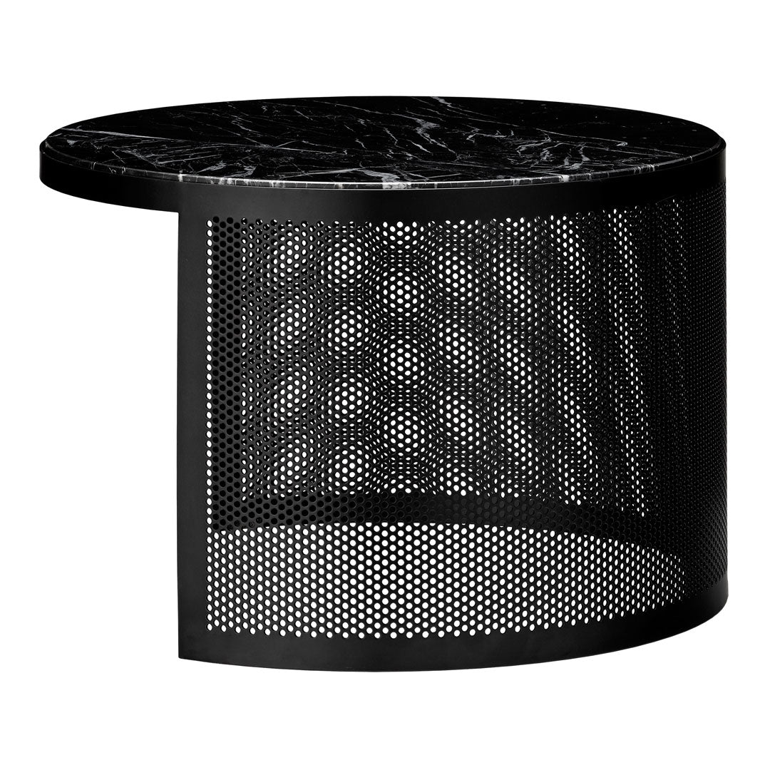 Black round table with a marble top and a textured black mesh base featuring a unique half-circle design.