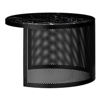Black round table with a marble top and a textured black mesh base featuring a unique half-circle design.