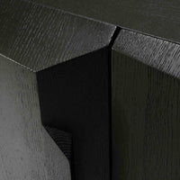 Black wood cabinet featuring a textured finish and geometric patterns. Elegant and modern design aesthetic.