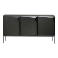 Stylish black sideboard with a sleek, geometric design and textured wood finish, featuring three angled doors.