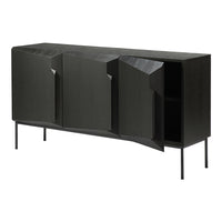 Black wooden cabinet with textured geometric patterns and sleek metal legs, featuring a modern design.