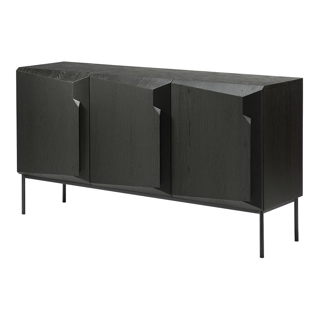 Stylish black wooden sideboard with a textured finish and geometric panel design, featuring sleek metal legs.