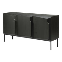 Stylish black wooden sideboard with a textured finish and geometric panel design, featuring sleek metal legs.