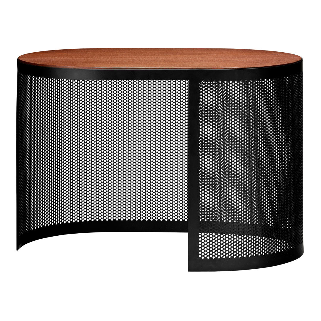 "Brown wooden top with a patterned black metal mesh base, creating a modern and stylish look."