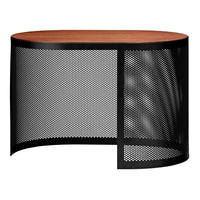 "Brown wooden top with a patterned black metal mesh base, creating a modern and stylish look."