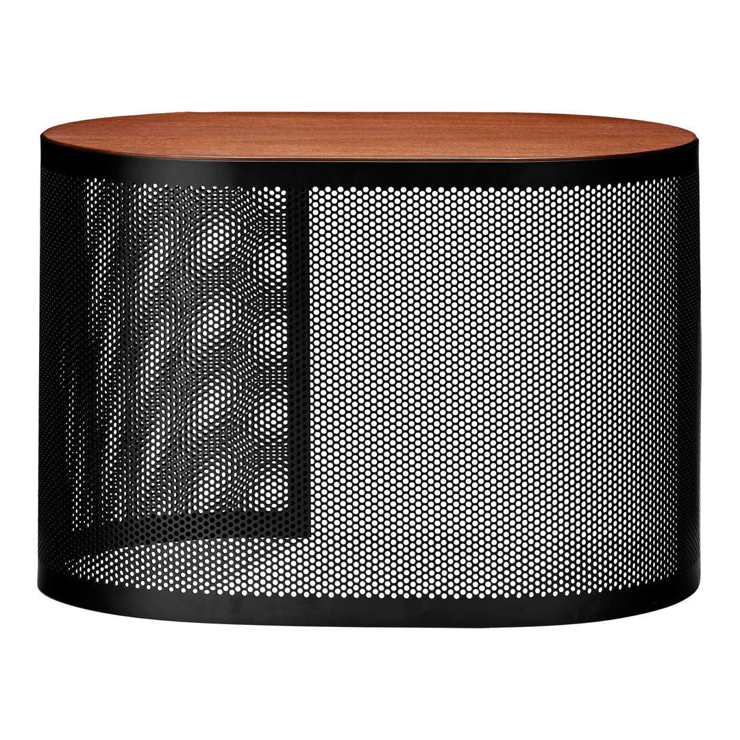 Black mesh round table with a smooth wooden top, featuring a modern design and perforated pattern for a stylish look.