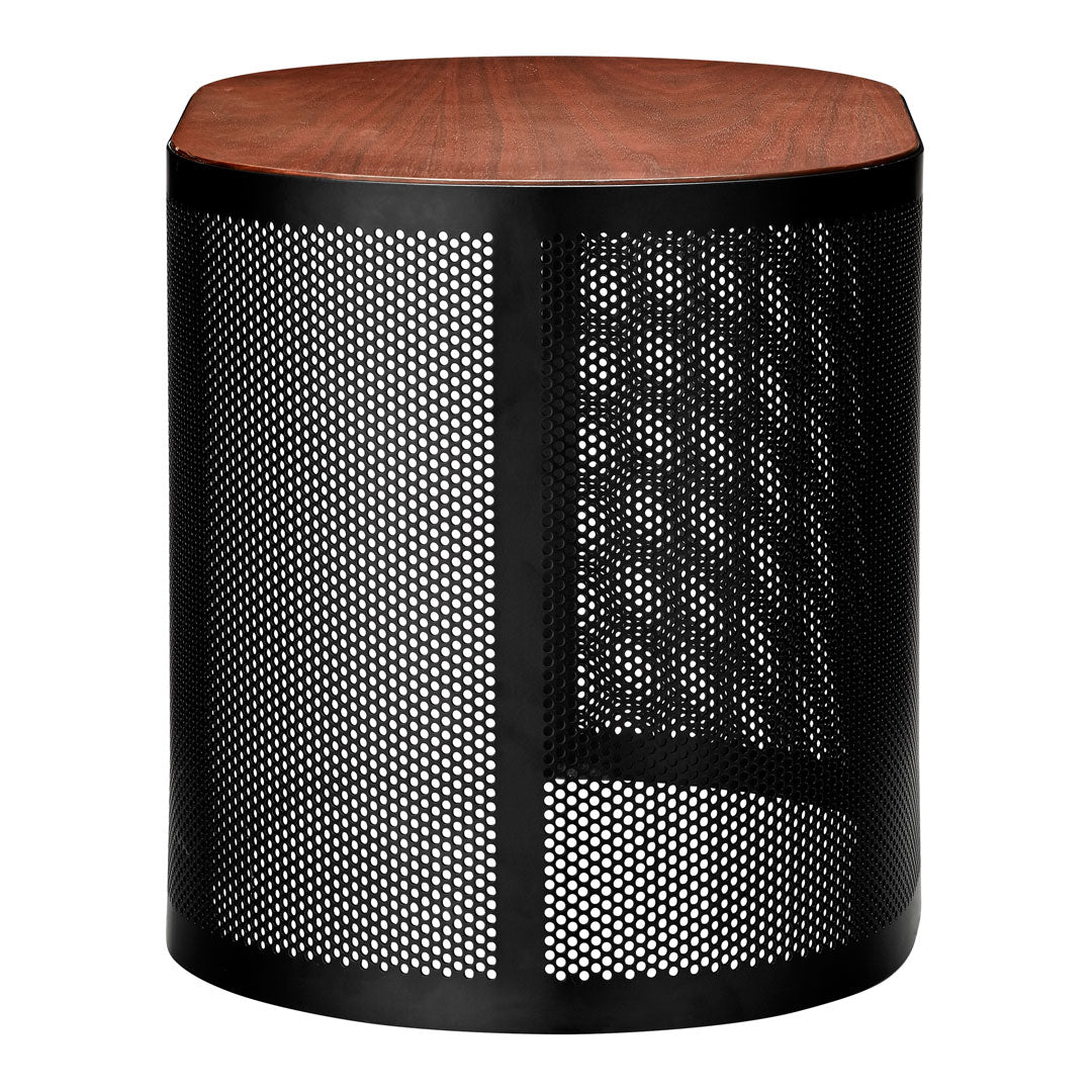 Black perforated metal base with a smooth wood top in warm brown tones. Stylish and modern accent piece.