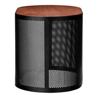 Black perforated metal base with a smooth wood top in warm brown tones. Stylish and modern accent piece.