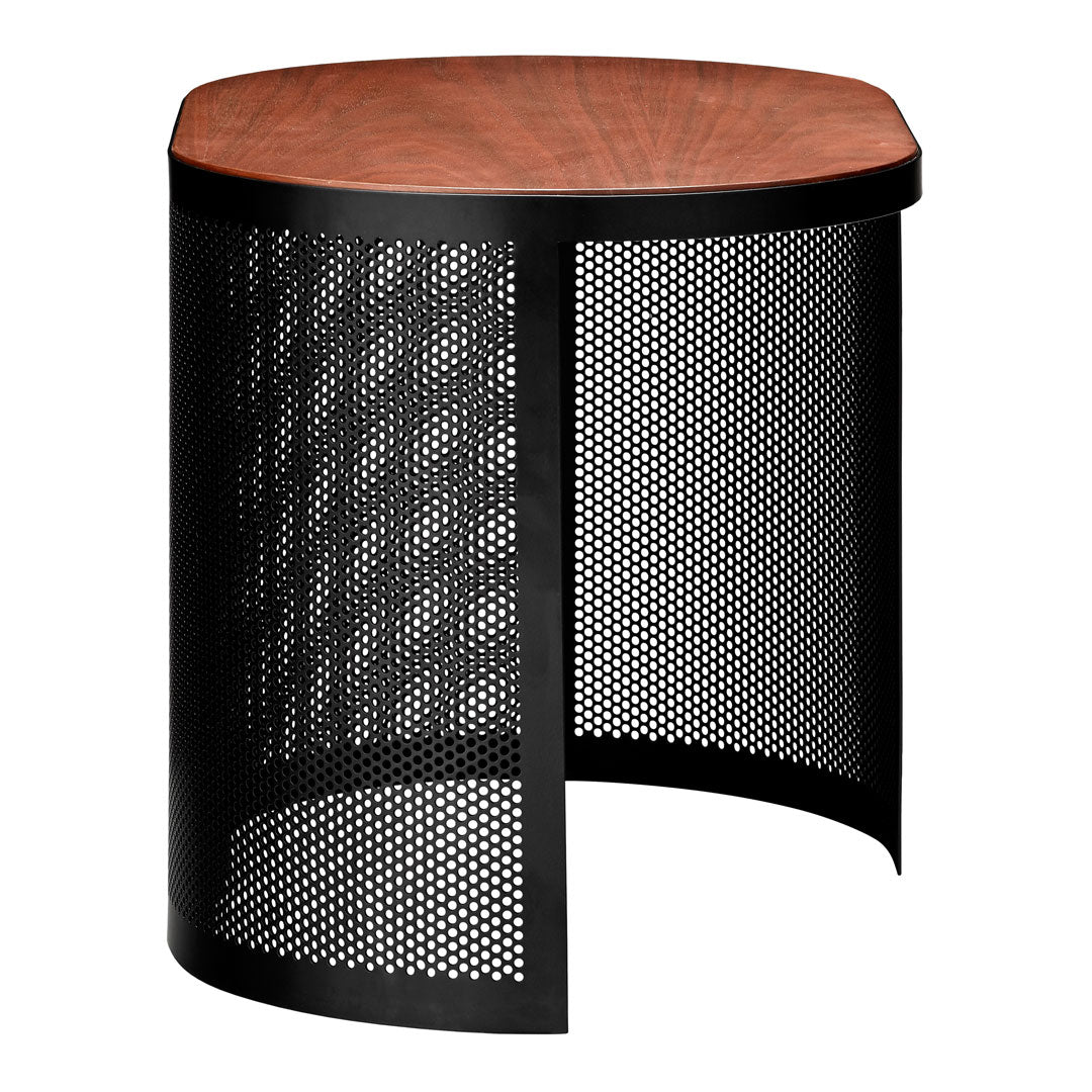Round table with a warm wood top and a sleek black perforated metal base, featuring intricate mesh patterns.