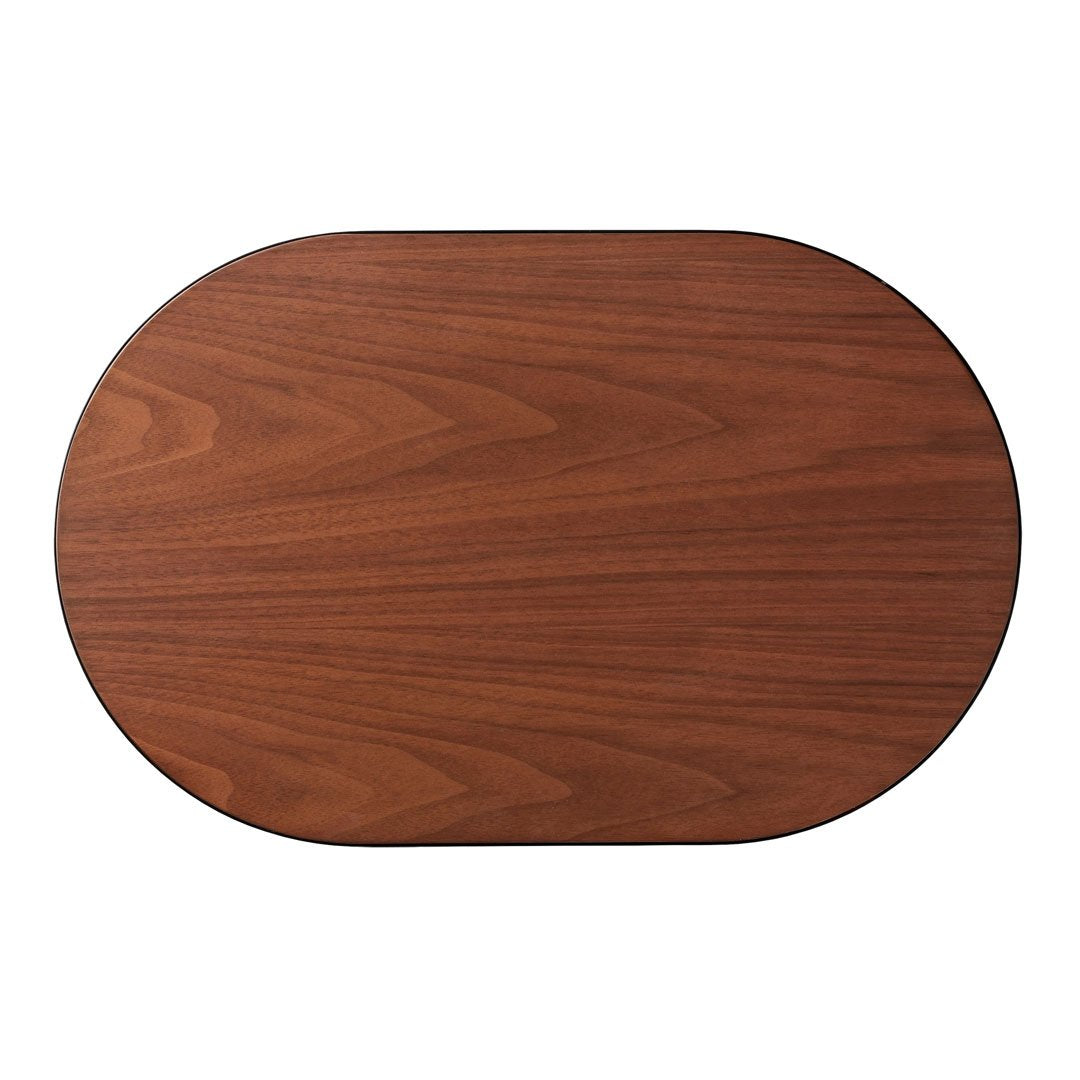 Oval wooden tabletop in rich brown tones with a smooth, natural wood grain pattern. Perfect for modern decor.
