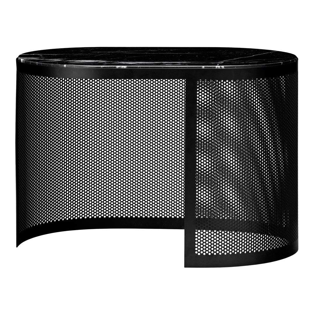 Black mesh metal table with circular design and sleek perforated pattern, perfect for modern decor.