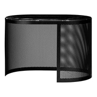 Black mesh metal table with circular design and sleek perforated pattern, perfect for modern decor.