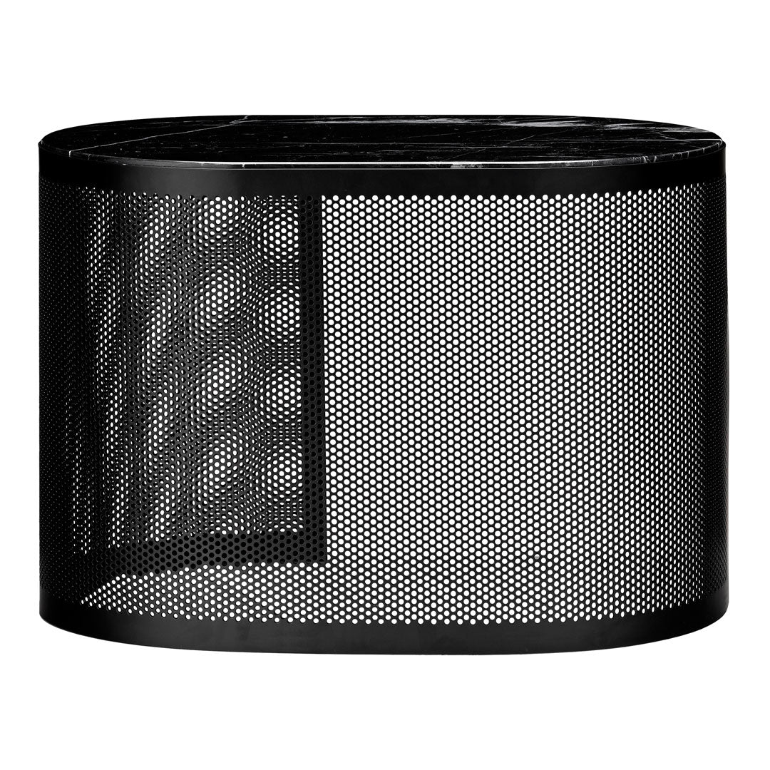 Black mesh wastebasket with a modern perforated pattern for stylish organization and waste disposal.