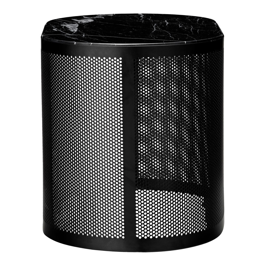 Black mesh wastebasket featuring a sleek, modern design with a patterned perforated surface.