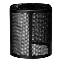 Black mesh wastebasket featuring a sleek, modern design with a patterned perforated surface.