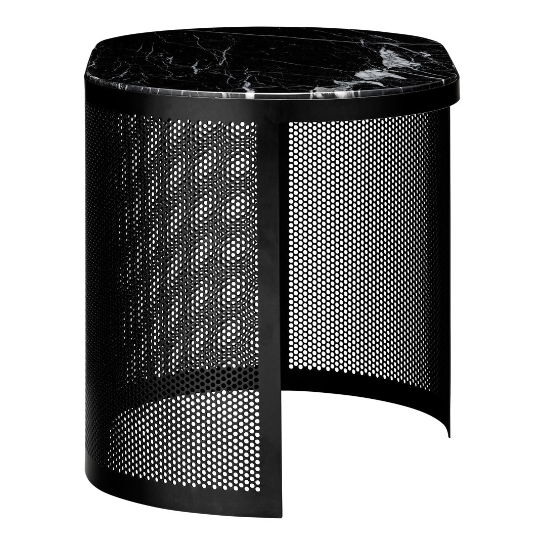Black metal side table with a sleek, patterned design and a polished marble top. Perfect for modern decor.
