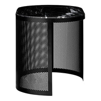 Black metal side table with a sleek, patterned design and a polished marble top. Perfect for modern decor.