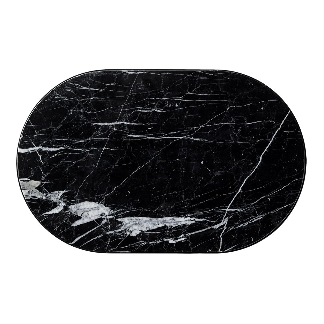 Black marble oval with white veining, showcasing a sleek and elegant pattern. Perfect for modern decor.