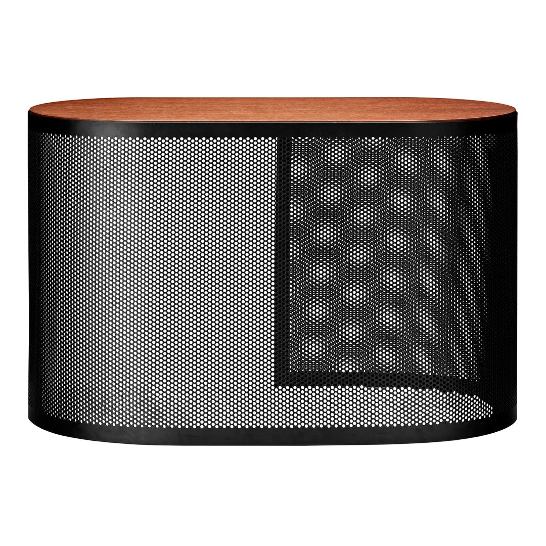 Black mesh pattern with wood grain top in an oval shape, featuring a modern, industrial design.