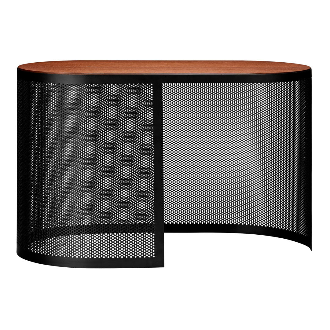 Black mesh base with a natural wooden top in a sleek, modern design. Perfect blend of materials and patterns.
