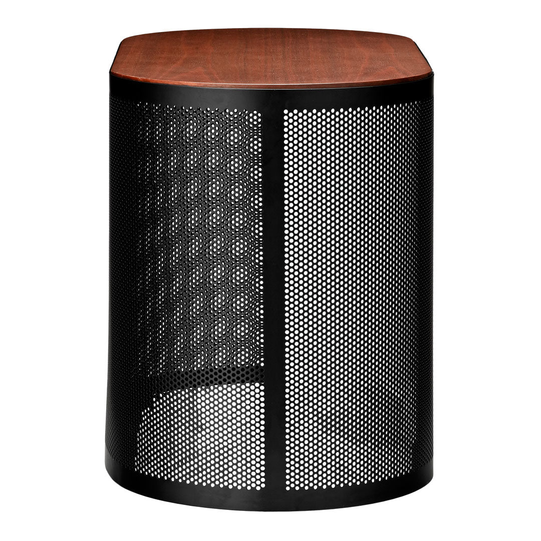 Black mesh patterned base with a smooth walnut wood top; modern design for contemporary decor.