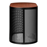 Black mesh patterned base with a smooth walnut wood top; modern design for contemporary decor.