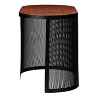 Black mesh base with a warm brown wood top, featuring a modern, geometric design. Perfect for contemporary decor.