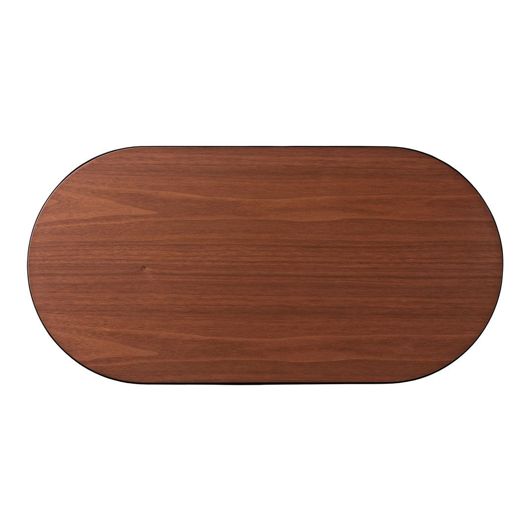"Elegant oval walnut wood tabletop with a smooth, rich brown finish and subtle grain patterns."