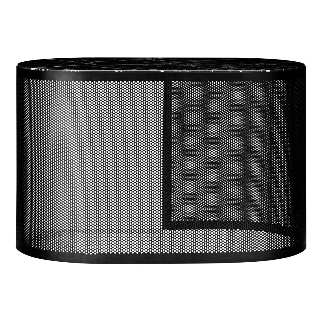 Black mesh wastebasket with a sleek design and geometric pattern, perfect for modern decor.