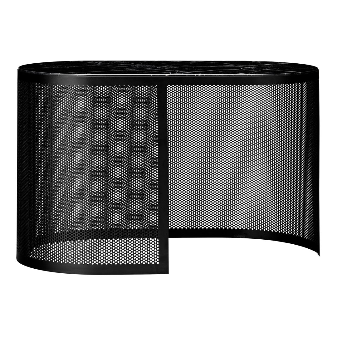 Black perforated metal wastebasket with a sleek, modern design and oval shape. Ideal for contemporary decor.