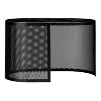 Black perforated metal wastebasket with a sleek, modern design and oval shape. Ideal for contemporary decor.