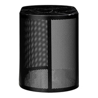 Black metal wastebasket with a textured perforated mesh design and a smooth black top.