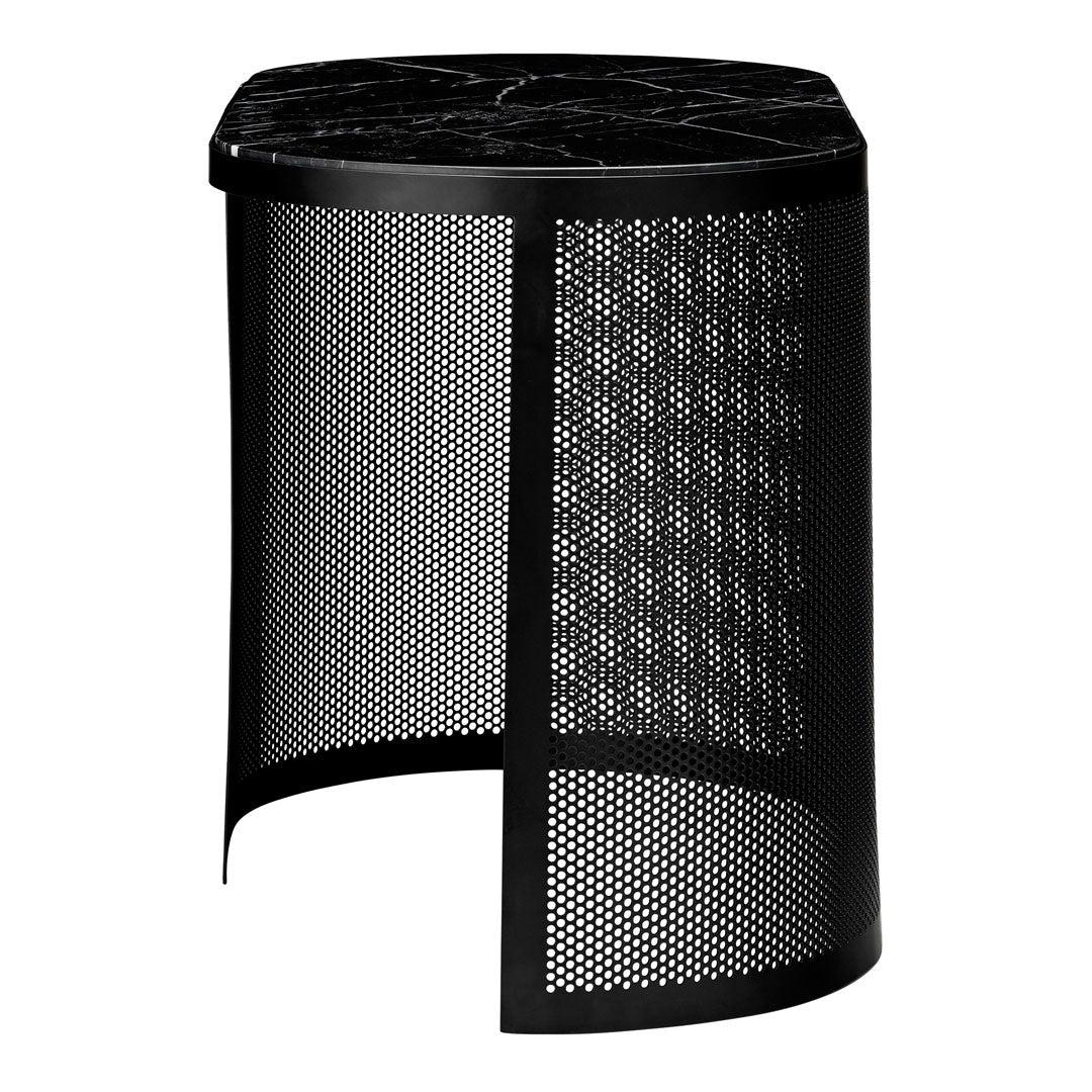 Black mesh accent table with a stylish circular top pattern, ideal for modern decor.