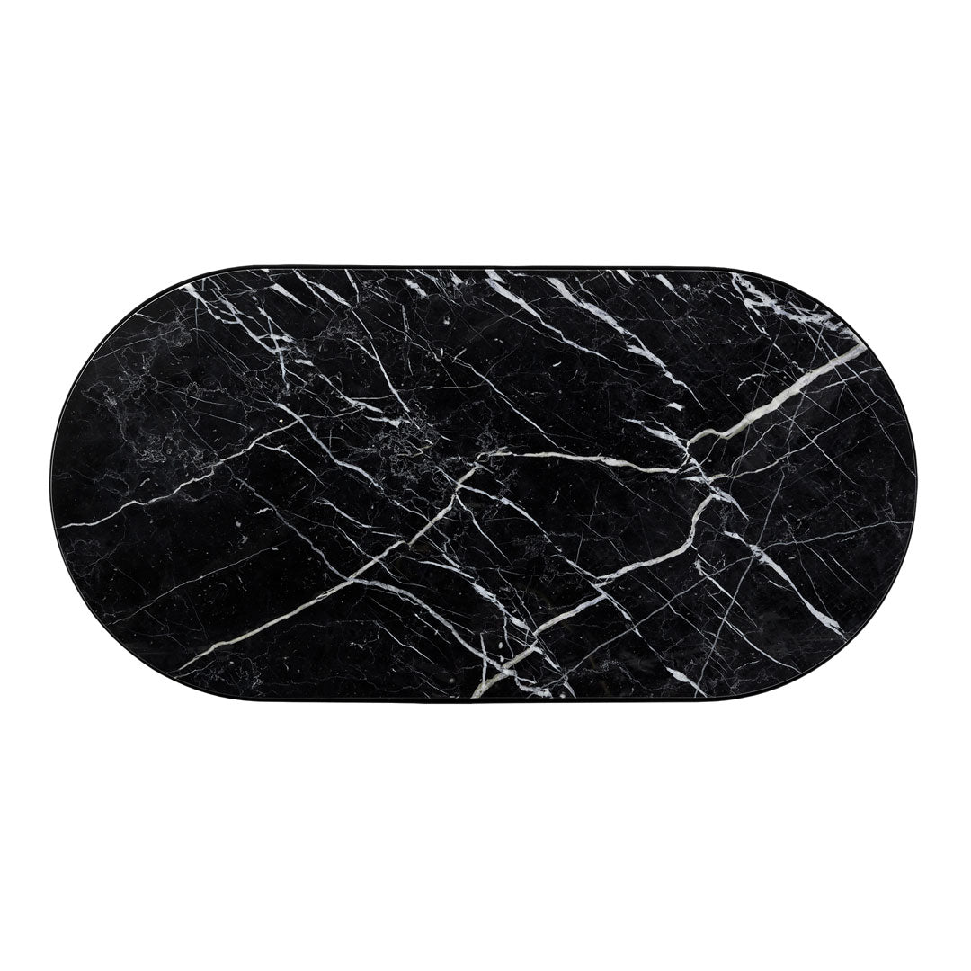 Black marble tabletop with striking white veining and an elegant oval shape. Perfect for modern decor.
