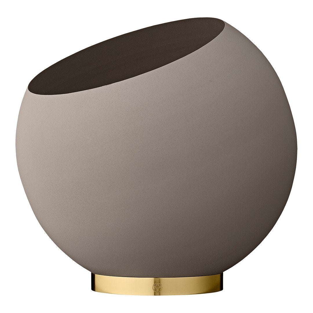 Round ceramic lamp with a matte taupe finish, dark brown top, and glossy gold base. Stylish and modern design.