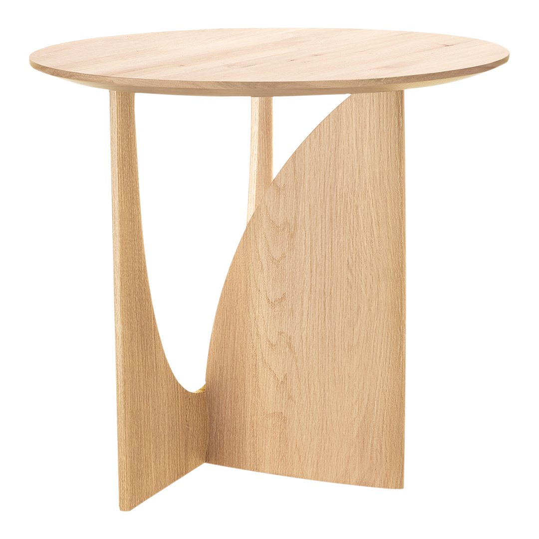 Light wood round table with a sculptural design, featuring smooth natural grain and minimalist, contemporary lines.