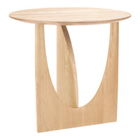 Light natural wood side table with a smooth round top and a stylish curved base, showcasing a minimalist design.