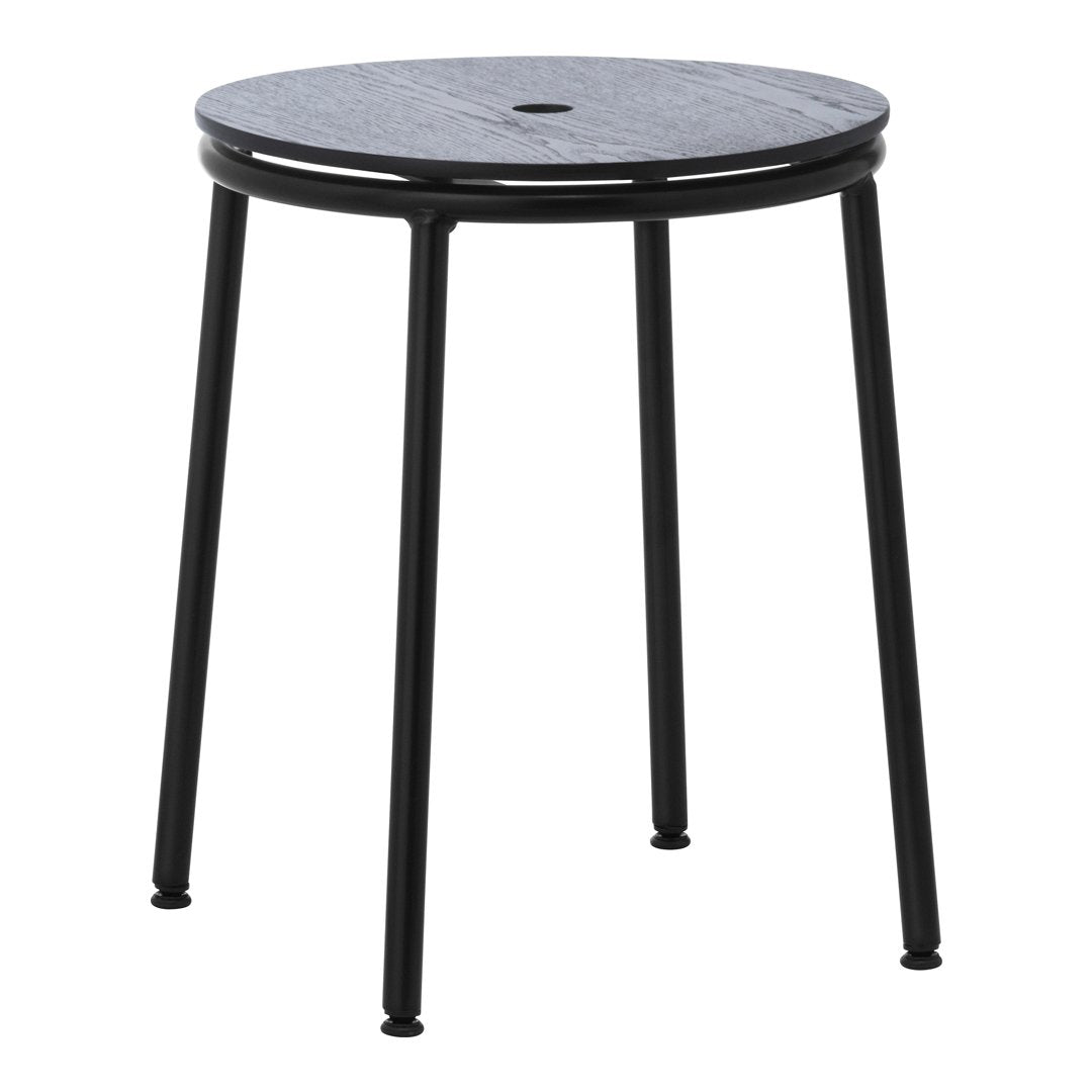 Black metal stool with a round gray patterned top, featuring a sleek and modern design suitable for any space.