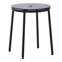 Black metal stool with a round gray patterned top, featuring a sleek and modern design suitable for any space.