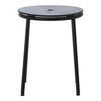 Black metal side table with a textured blue circular top and sleek legs, ideal for modern decor.
