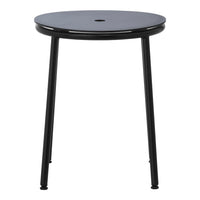 "Round black table with sleek black legs and a minimalistic design, perfect for modern decor."