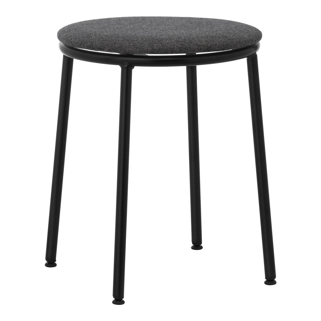 Black metal stool with a round, dark gray upholstered seat. Simple and sleek design, perfect for modern decor.