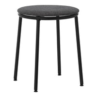 Black metal stool with a round, dark gray upholstered seat. Simple and sleek design, perfect for modern decor.
