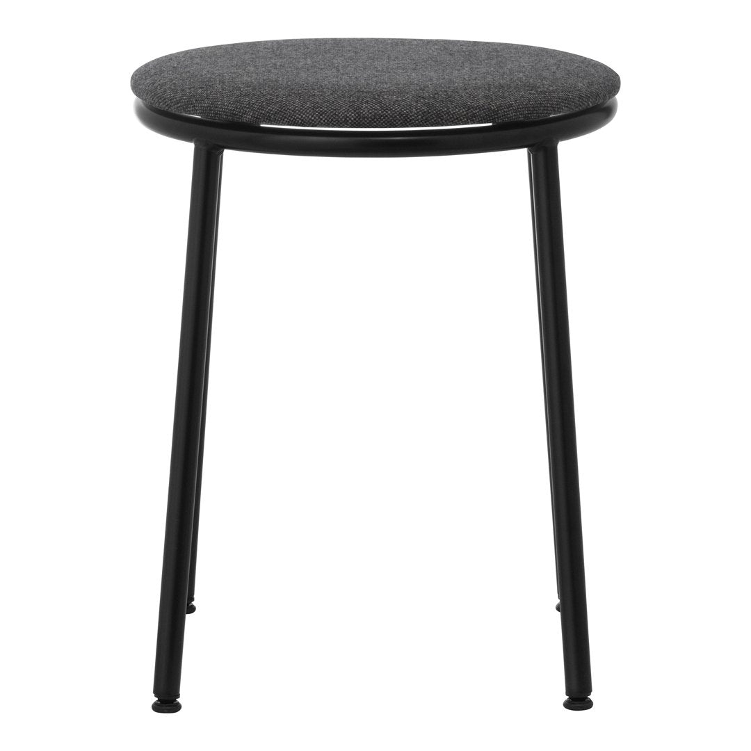 Round black stool with a gray upholstered seat and sleek black metal legs. Modern, minimalist design.