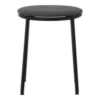 Round black stool with a gray upholstered seat and sleek black metal legs. Modern, minimalist design.