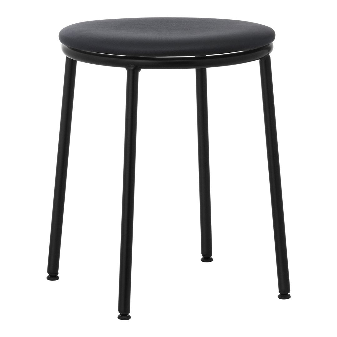 Black round stool with a smooth matte seat and slim, sleek legs, perfect for modern decor.