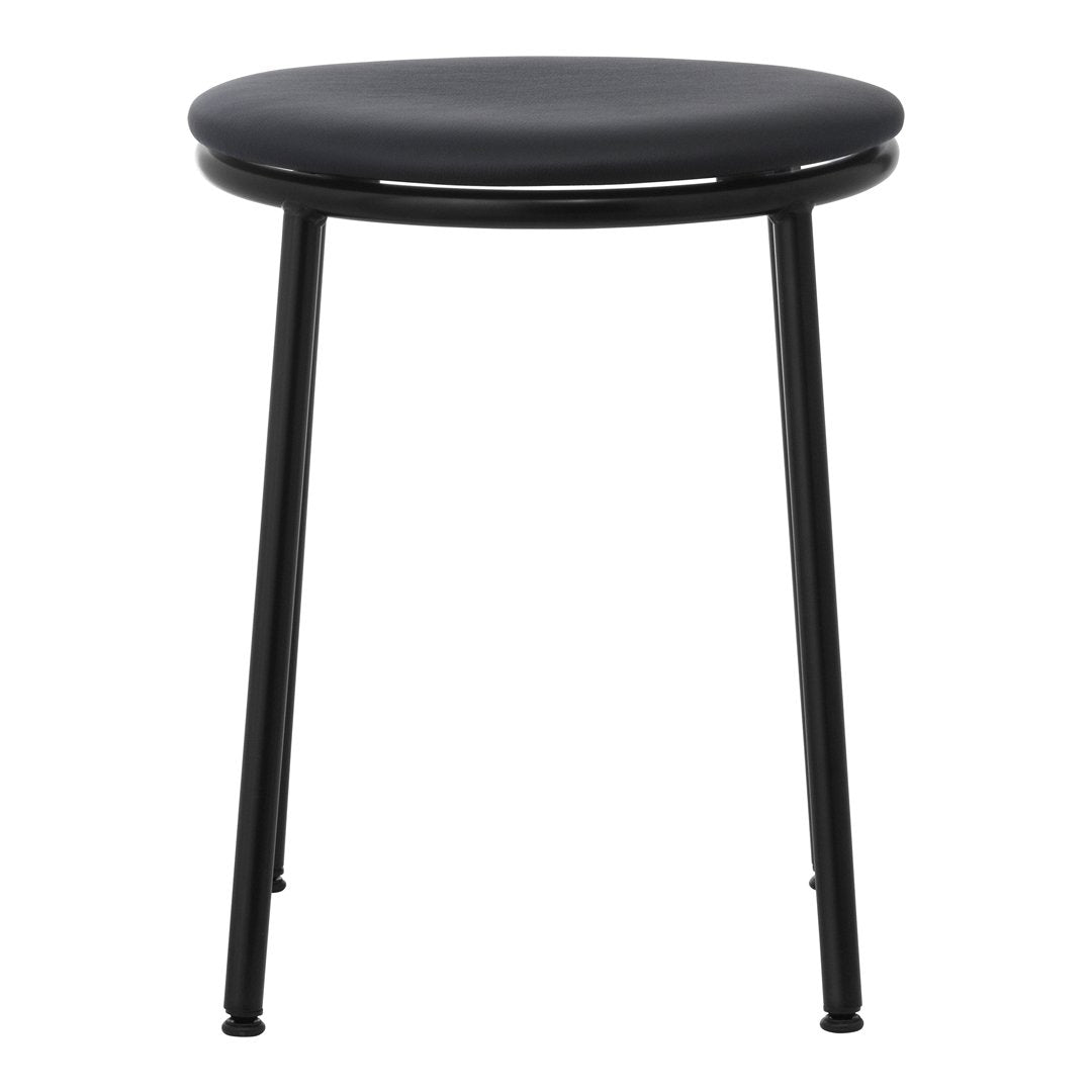 Black round stool with a simple design and sleek metal legs, featuring a smooth, matte finish.