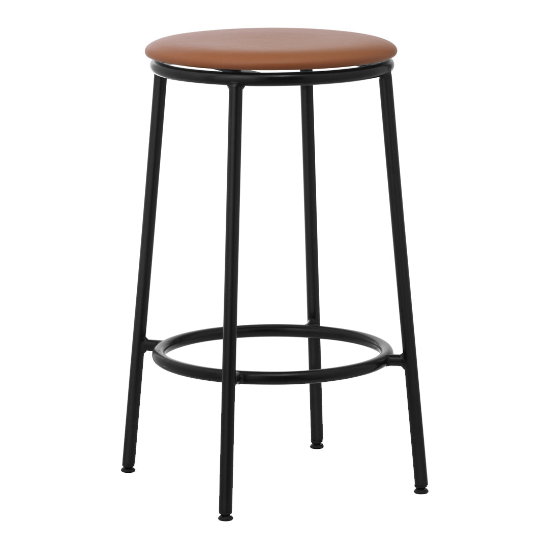 Brown padded seat bar stool with a sleek black metal frame, perfect for modern decor.